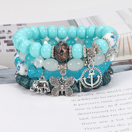 4Pcs Bohemian Style Alloy & Glass & Acrylic Charm Bracelets Set WG8E884-07-1