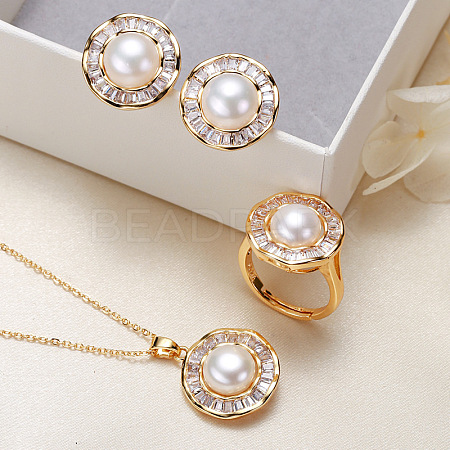 Brass Micro Pave Clear Cubic Zirconia Pendant Necklaces & Stud Earrings & Rings Sets WG2C5C9-02-1