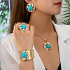 Round Alloy & Synthetic Turquoise Pendant Necklace & Stud Earring & Cuff Bangle & Rings Sets FS-WG9CCFC-01-2