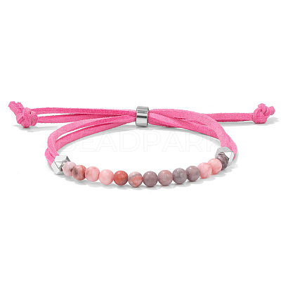 4MM Round Natural Rhodonite Beaded Faux Suede Cord Slider Bracelets for Women WG432D6-02-1