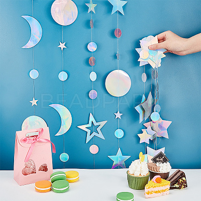 4Pcs 4 Style Iridescent Paper Glitter Circle Star Garland AJEW-PH0004-59-1