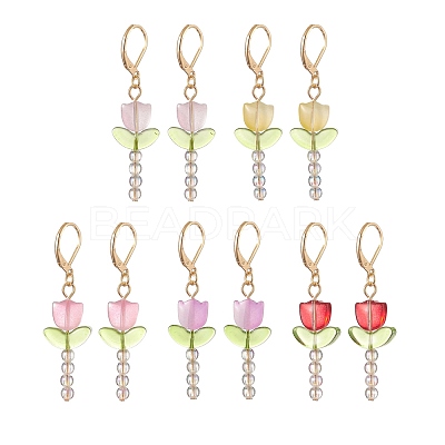 Lampwork Beaded Tulip Dangle Leverback Earrings EJEW-JE05232-1