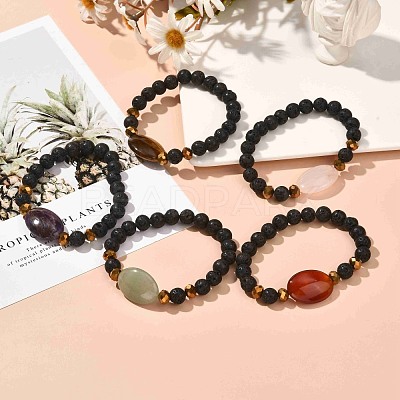 Natural Lava Rock & Oval Mixed Stone Beads Stretch Bracelet BJEW-JB07077-1