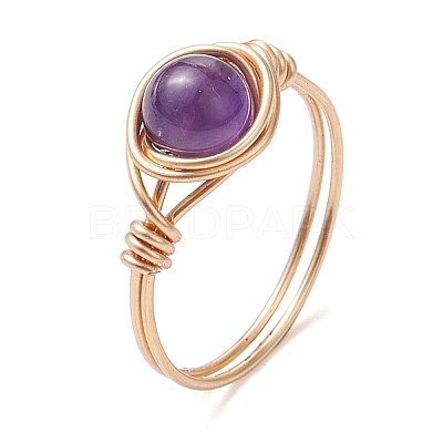 Round Natural Amethyst/Green Aventurine/Carnelian/Rose Quartz/Tiger Eye/Lapis Lazuli Braided Finger Ring RJEW-JR00743-02-1