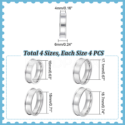 16Pcs 4 Size 201 Stainless Steel Grooved Finger Ring Settings STAS-UN0051-70-1