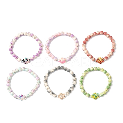 6Pcs 6 Colors Baking Paint Synthetic Turquoise Round & Tortoise Beads Stretch Bracelets for Men Women BJEW-JB12340-1