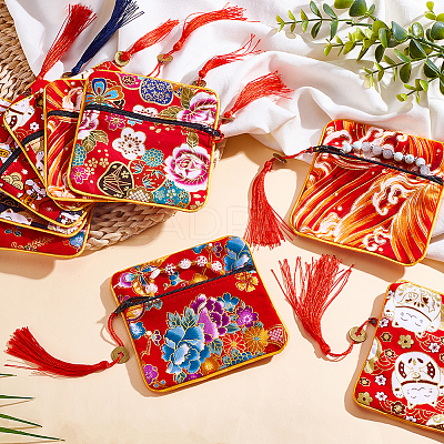 6Pcs 6 Styles Square Cloth Jewelry Packing Pouches Drawstring Bags with Tassel ABAG-WR0001-05-1