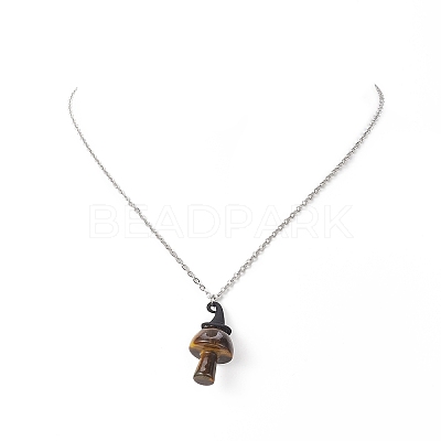 5Pcs 5 Style Natural Mixed Gemstone Mushroom with Witch Hat Pendant Necklaces Set NJEW-JN04198-1
