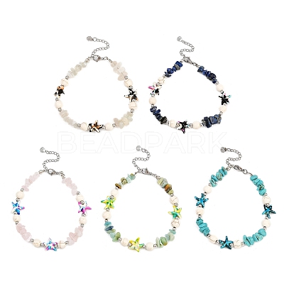 5Pcs 5 Styles Dyed Synthetic Turquoise Starfish & Natural White Moonstone & Lapis Lazuli & Flower Amazonite & Rose Quartz Chip Beaded Anklets with 304 Stainless Steel End Chains AJEW-AN00733-1