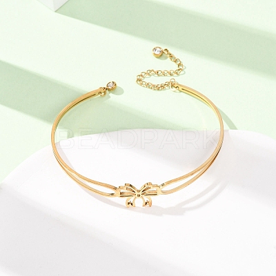 Bowknot 304 Stainless Steel & Rhinestone Cuff Bangles for Women BJEW-Z176-02G-1