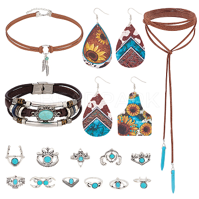 Imitation Leather Oval & Teardrop Finger Rings & Multi-strand Bracelet & Dangle Earrings & Lariat Necklace with Synthetic Turquoise SJEW-PH0001-12-1
