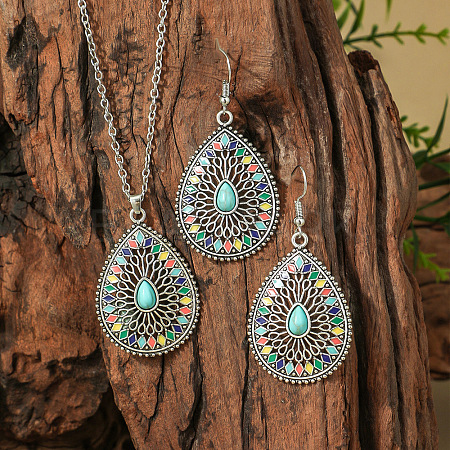 Bohemian Style Zinc Alloy & Synthetic Turquoise Pendant Necklaces & Dangle Earrings Sets WG40DB6-02-1