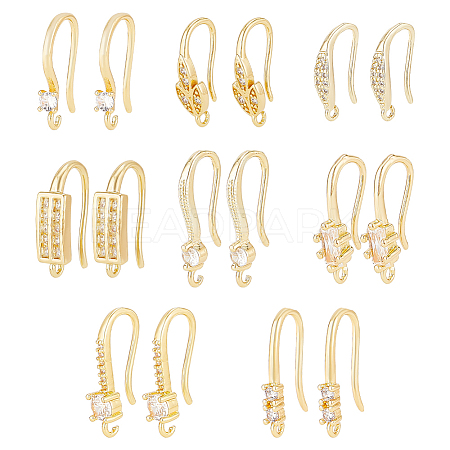 BENECREAT 8 Pairs 8 Styles Brass Micro Pave Clear Cubic Zirconia Earring Hooks ZIRC-BC0001-25-1