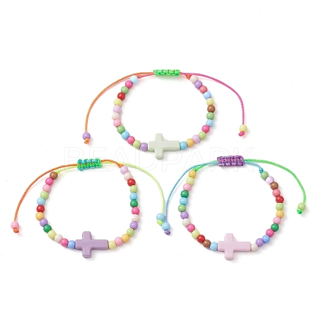 Cross & Round Acrylic Braided Bead Bracelets BJEW-JB10239-01-1