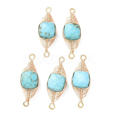 Natural Turquoise Faceted Cube Links Connector Charms with Copper Herringbone Wire-Wrapped KK-Z152-06G-01B-1