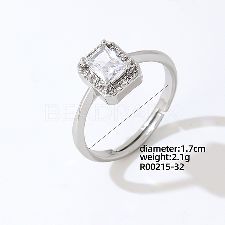 Rectangle Platinum Brass Adjustable Ring with Cubic Zirconia EG7863-26-1
