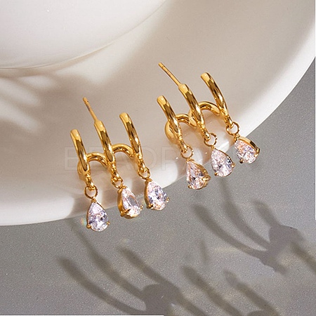 304 Stainless Steel Cubic Zirconia Dangle Stud Earrings for Women SA-CBA183D-11B-G-1