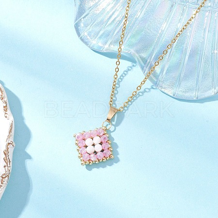 Natural Rainbow Moonstone and Handmade Glass Beaded Rhombus Pendant 304 Stainless Steel Cable Chain Necklaces NJEW-MZ00124-01-1