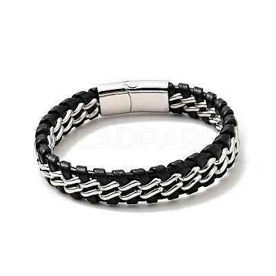 Leather & 304 Stainless Steel Braided Curb Chains Cord Bracelet with Magnetic Clasp for Men Women BJEW-C021-19-1