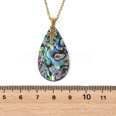 Natural Paua Shell Teardrop Pendant 304 Stainless Steel Cable Chain Necklaces NJEW-JN06362-1