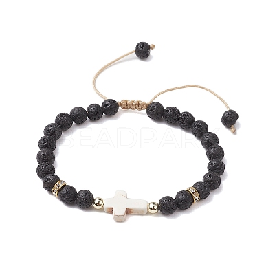 Adjustable 6mm Round Natural Lava Rock Braided Bead Bracelets BJEW-JB10615-01-1