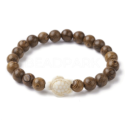 Natural Wood Round & Synthetic Turquoise Turtle Beaded Stretch Bracelet for Women BJEW-JB09700-06-1