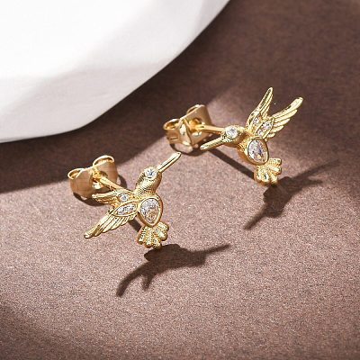Bird Brass Micro Pave Clear Cubic Zirconia Stud Earrings EJEW-Z159-02G-1