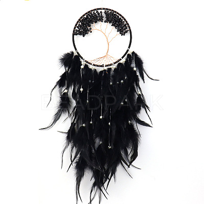 Tree of Life Wrapped Natural Black Quartz Chips Woven Web/Net with Feather Decorations PW-WG91800-01-1