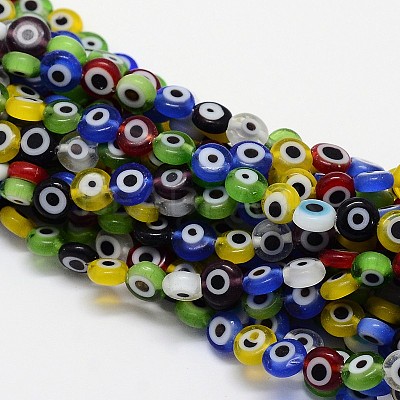 Handmade Evil Eye Lampwork Flat Round Bead Strands LAMP-L058-6mm-M-1
