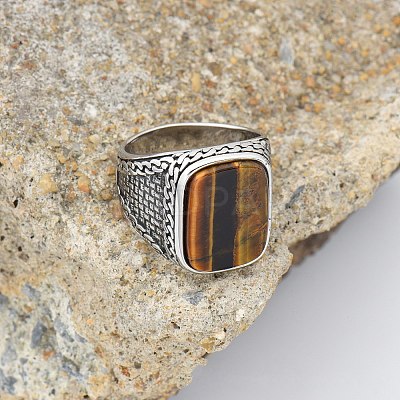 304 Stainless Steel with Natural Tiger Eye Finger Rings FS-WG67565-40-1