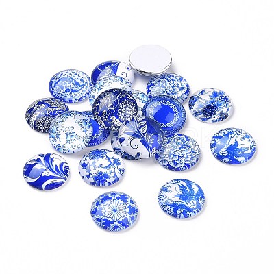 Blue and White Floral Printed Glass Cabochons GGLA-A002-20mm-XX-1