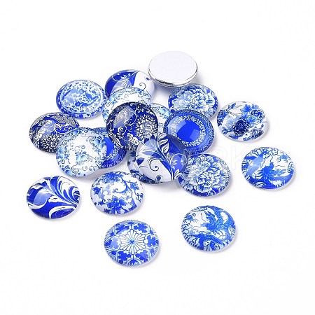 Blue and White Floral Printed Glass Cabochons GGLA-A002-20mm-XX-1