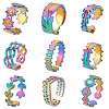   9Pcs 9 Style 304 Stainless Steel Leaf & Feather & Bullet & Crown & Flower Cuff Ring RJEW-PH0001-07-7