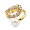 Cubic Zirconia Hollow Teardrop Open Cuff Ring with Plastic Imitation Pearl Beaded RJEW-G294-03G-2