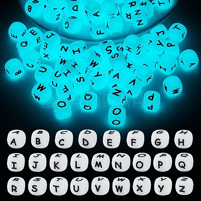 104 Pcs Luminous Cube Silicone Beads Letter Square Dice Alphabet Beads with 2mm Hole Spacer Loose Letter Beads for Bracelet Necklace Jewelry Making JX439A-1