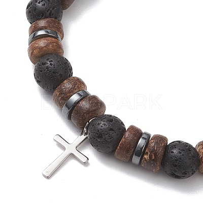 Adjustable Natural Coconut & Lava Rock Beads Stretch Bracelets BJEW-JB13285-01-1