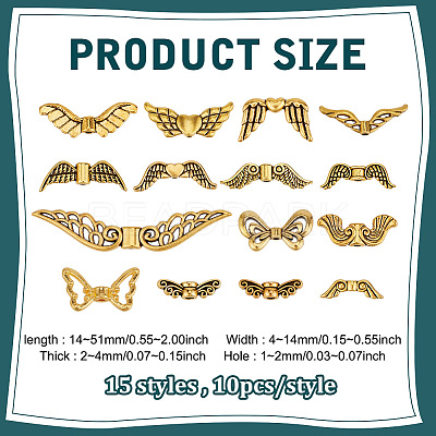 150Pcs 15 Styles Tibetan Style Alloy Fairy Wing Beads TIBEB-PH0005-46-1