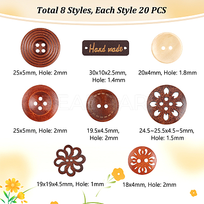 160pcs 8 style Natural Wooden Buttons BUTT-GA0001-06-1