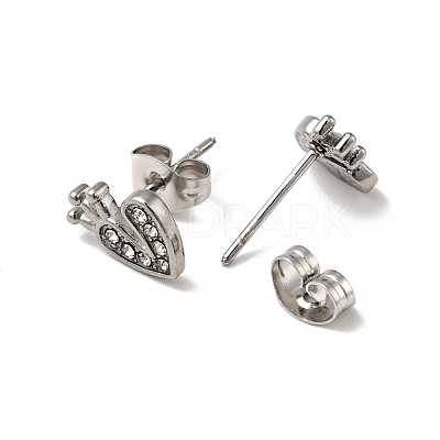 Heart with Crown 304 Stainless Steel Rhinestone Stud Earrings EJEW-A081-16P-01-1