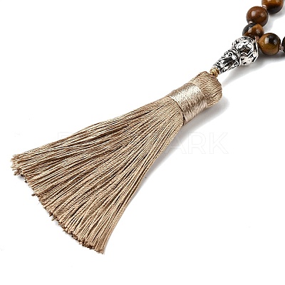 Natural Tiger Eye Mala Prayer Round Beaded Wrap Necklaces with Long Tassel and Metal Tree of Life FS-WG93CBE-04-1