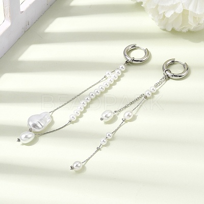304 Stainless Steel & Glass Pearl Tassel Hoop Earrings for Women EJEW-G463-01P-1