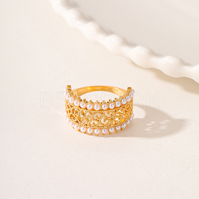 Hollow Brass with ABS Imitation Pearl Beads Wide Band Rings for Women OP9708-2-1