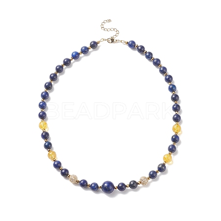 Natural Lapis Lazuli & Quartz Crystal & Cubic Zirconia Round Beaded Necklace NJEW-JN04078-1