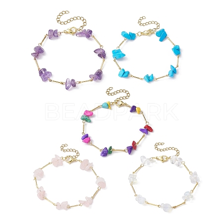 Natural & Synthetic Mixed Gemstone Chips Beaded Link Chain Bracelet BJEW-JB09972-1