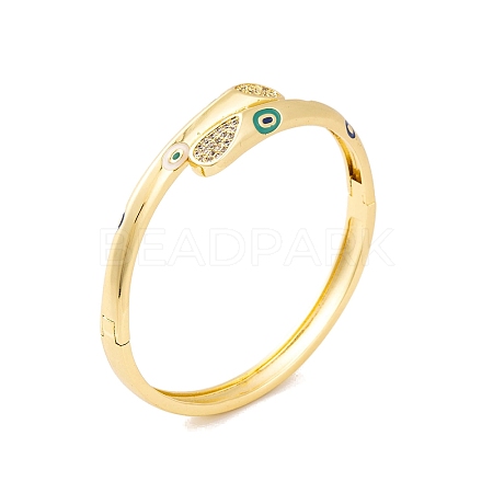 Brass Micro Pave Clear Cubic Zirconia Evil Eye Hinged Bangles with Green Enamel for Women BJEW-S147-03G-1