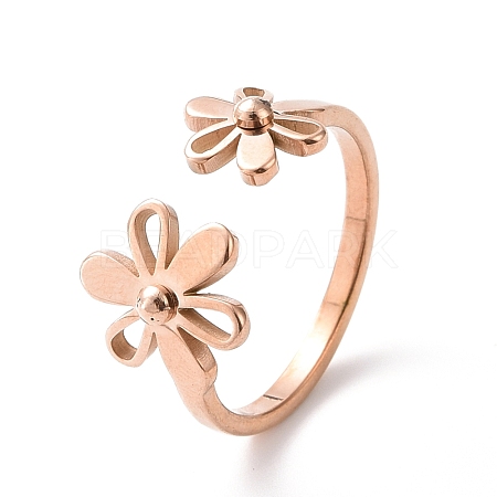 Ion Plating(IP) 304 Stainless Steel Flower Open Cuff Ring for Women RJEW-D120-07B-RG-1