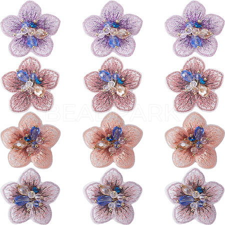 Gorgecraft 12Pcs 4 Colors 3D Flower Glass Beaded Appliques PATC-GF0001-47-1