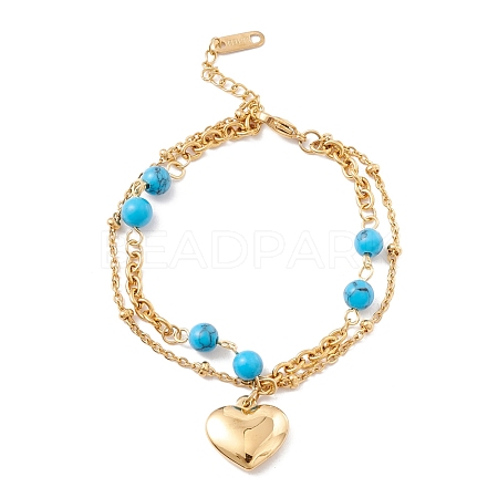 Vacuum Plating 304 Stainless Steel Chain Multi-strand Bracelet with Synthetic Turquoise Beads STAS-P304-05G-1