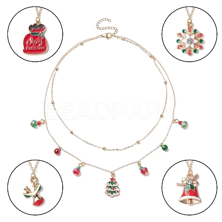 Alloy Satellite Chains Double Layer Necklace with Alloy Christmas Tree & Deer & Snowflake Charms NJEW-JN04327-1