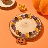 Natural Mixed Gemstone Round Beaded Stretch Bracelet with Alloy Enamel Pumpkin Charms for Halloween BJEW-TA00271-2
